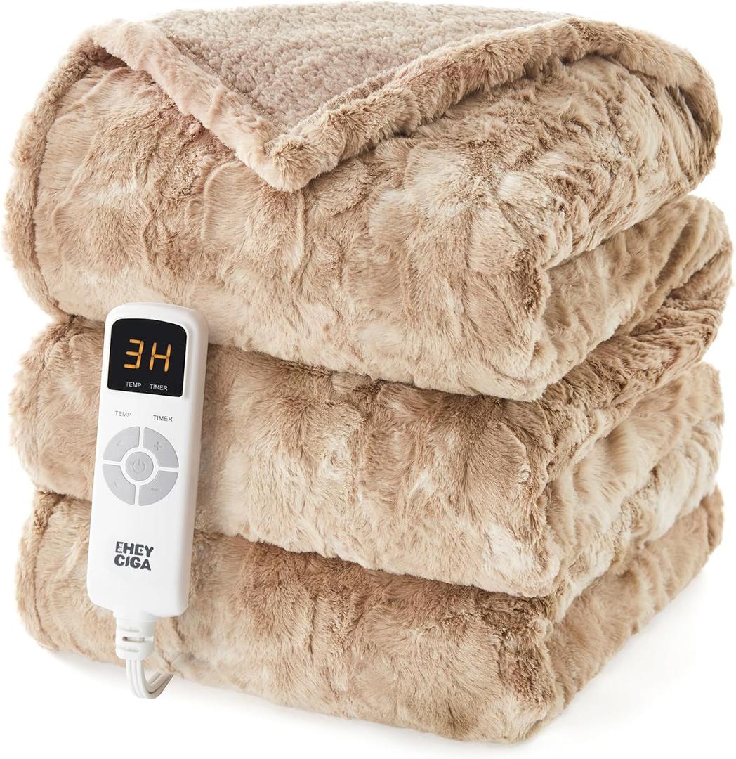 EHEYCIGA Electric Heated Blanket Throw Faux Fur, 10 Hours Auto Shut Off 9 Heating Levels Heating Blanket Throw, Soft Warm Heated Blanket Fast Heating Camel, Faux Fur & Sherpa