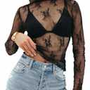 Gleeneat Womens Mesh Tops Lace Long Sleeve Shirts Mock Neck Slim Fitted Date Outfits See Through Sheer Blouses Layering Top
