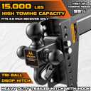 Adjustable Trailer Hitch - Drop Hitch -Tri Ball Mount w/Hook (1-7/8'', 2''&2-5/16''), Fits 2.5-Inch Receiver, 8'' Drop/Rise 15,000 LBS GTW Tow Hitch, 3 Ball Hitches for Trucks, RV, Camper etc