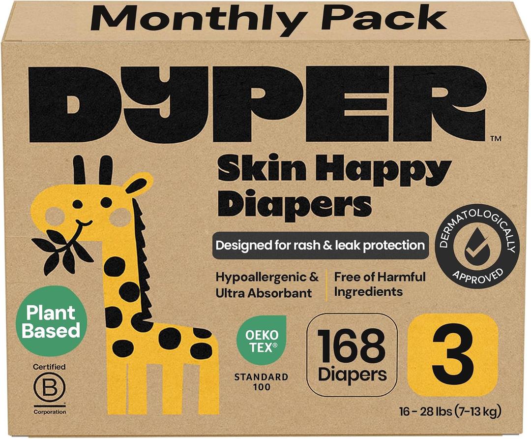 DYPER Monthly Pack Baby Diapers Size 3 (16-28 lbs) 168 Count - Leak-Proof & Plant Based, Hypoallergenic and Ultra Absorbent Size 3 Diapers for Day and Overnight Skin Protection