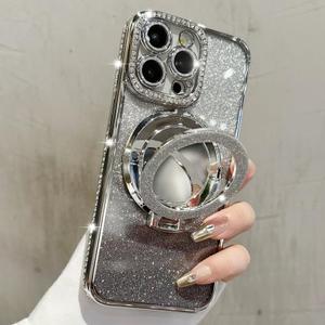 Mirror Kickstand Glitter Diamond Case for iPhone 15 14 13 12 Pro Max , Magnetic Stand Holder, Camera Lens Protector Compatible with Magsafe, Rhinesetone Bing Cover Case (Silver, For iPhone 16 Pro Max)