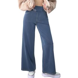 Simple Flavor Women's Wide Leg Jeans High Waisted Stretch Pull-on Baggy Denim Pants with Pockets (Large, Blue)