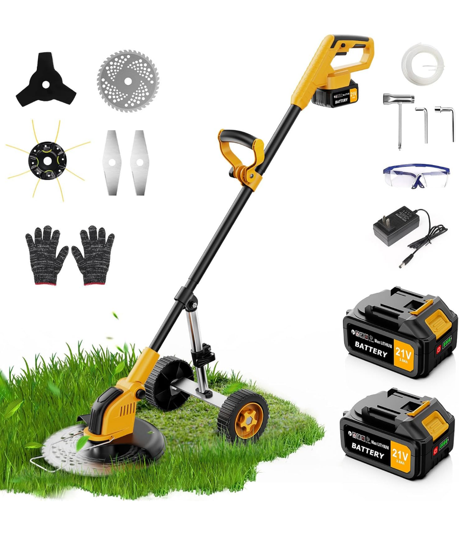 12-inch Electric Weed Wacker Cordless on Wheels, 21V 2 * 3000mAh Weed Eater Battery Powered,Cordless String Trimmer with Brushless Motor,Grass Trimmer and Brush Cutter with 4 Types of Blades for Lawn