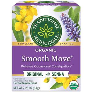 Traditional Medicinals Organic, Smooth Move Tea, Original with Senna - Helps Relieve Constipation Overnight - Kosher, Non-GMO, Caffeine-Free - 32 Tea Bags, Best Before Date 08/20/2028