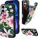 Compatible with iPhone 16 Wallet Case with Card Holder, 360 Rotation Finger Ring Holder Kickstand Protective RFID Blocking PU Leather Pattern Double Buttons Flip Cover 6.1" Florals Green