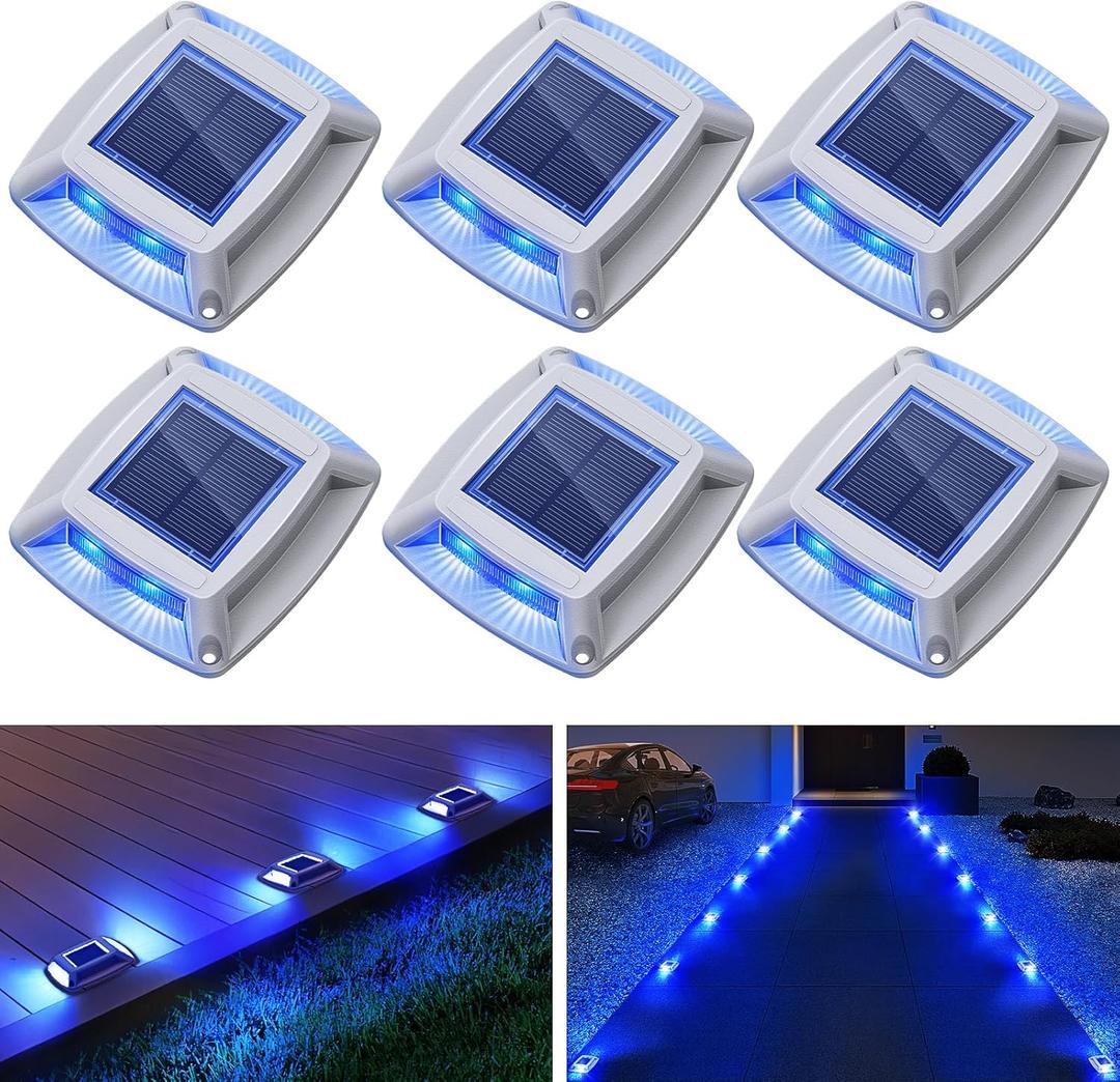 Solar Driveway Lights Outdoor 6 Pack, IP68 LED Solar Powered Waterproof Driveway Marker Deck Dock Lights for Dock Step Pathway Walkway Sidewalk Garden Yard Stair Marine (Blue)