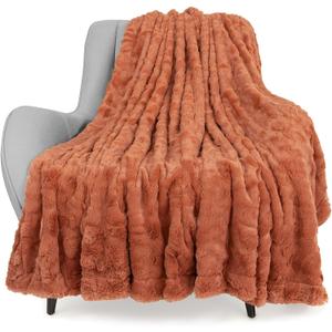 TOONOW Faux Fur Luxury Throw Blanket,Double Side Soft Fluffy Shaggy Fuzzy Blanket for Couch Sofa Bed (Carnelian, Throw)
