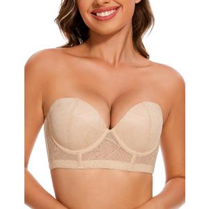 Longline Strapless Push Up Bras for Women Ultra Padded Uplift Multiway Lace Corset Bra with Underwire Support (32D, Nude)