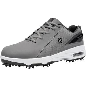 FENLERN Golf Shoes Men, Spiked, Waterproof Leather Upper, Cushioning F006 (14, Grey White)