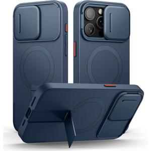 SURITCH for iPhone 15 Pro Max Case with Magnetic Camera Slide Cover and Adjustable Kickstand, Compatible with MagSafe, Shockproof Bumper Case Slim Protective Cover 6.7 Inch, Blue