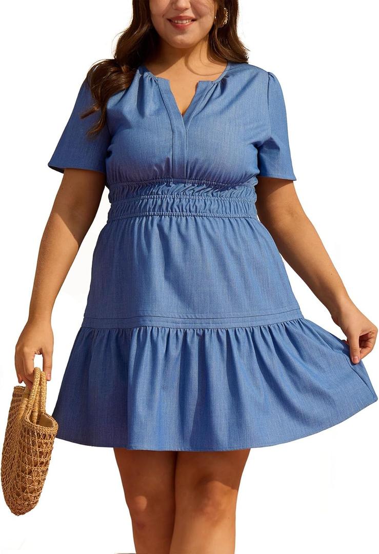 Women's Plus Size Denim Dress Short Sleeve V Neck Short Dress Ruffle Hem Boho Casual Jean Dresses (3X, Light Blue)