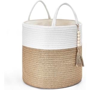 Mkono Woven Storage Basket Decorative Rope Basket Wooden Bead Decoration for Blankets,Toys,Clothes,Shoes,Plant Organizer Bin with Handles Living Room Home Decor, 11" W  11" L, Cream White and Brown