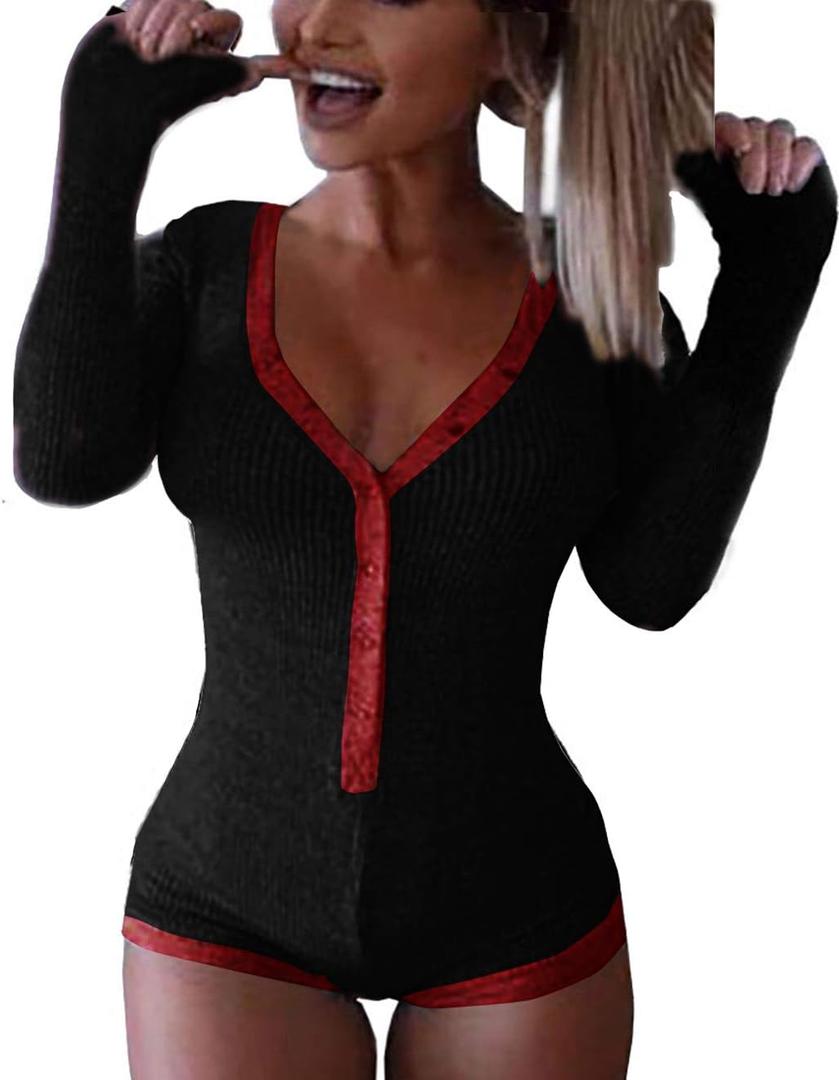 Roselux Women's Sexy Deep V Neck Shorts Long Sleeve Knitted One Piece Bodysuit Sexy Pajama Onesie Bodycon Rompers Overall (Large)