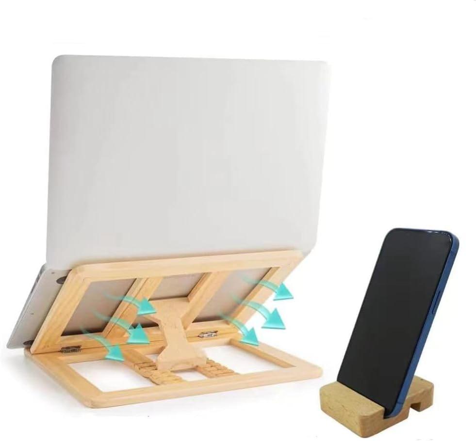 Wooden Laptop Stand for Desk with Free Phone Holder, Foldable and Adjustable Ergonomic Laptop Riser for 10-15.6 Inch Notebooks, Portable MacBook Stand (Natural Wood, Universal Fit)