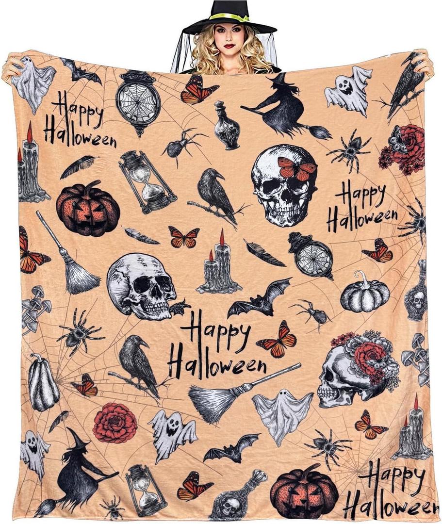Halloween Goth Throw Blankets for Kids/Teens/Adults/Women/Men,Halloween Gothic Skull Bat Cat Pumkpin Flannel Soft Blanket for Couch, Bed, and Living Room Decor 50" x 60"