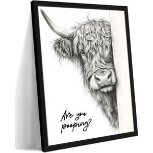 Funny Highland Cow Bathroom Wall Art, Humorous Are You Pooping Canvas Wall Decor Painting, Black and White Rustic Farmhouse Animal Prints Pictures for Restroom Bathroom 16x24 Inch Framed