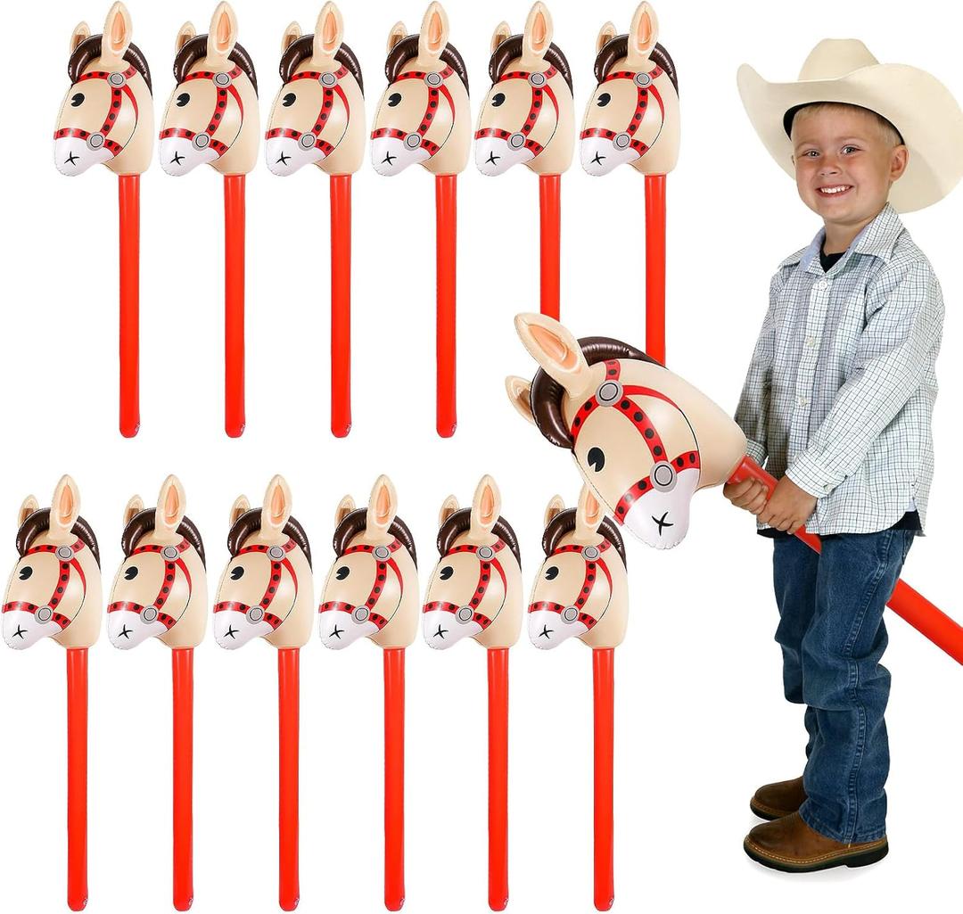 12 PCS 37 Inch Red Inflatable Stick Horse Balloons Durable PVC Horse Head on Stick for Western Cowboy Parties, Birthday Decorations, and Themed Events