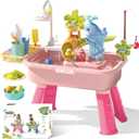 Sand and Water Table Toy for Toddlers, 22 Piece Toy Accessories, 4L Large Capacity Basin, Fishing Game/Kitchen Sink Toys, Perfect Summer Gift for Kids Ages 3-8 (Pink)