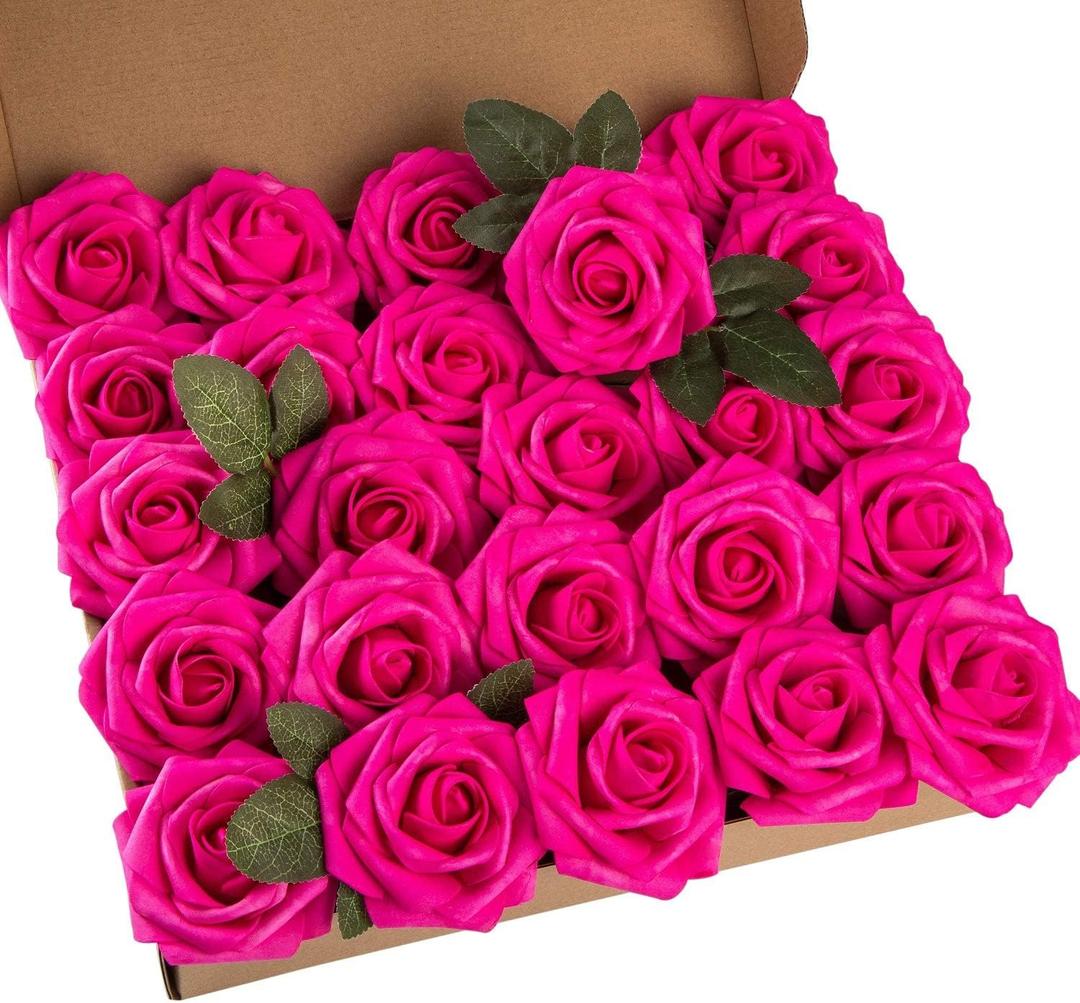 25pcs Artificial Flower Foam Rose Real Touch Roses Flower Heads with Stem for DIY Wedding Bouquets Centerpieces Arrangements Party Baby Shower Home Decor (Hot Pink)