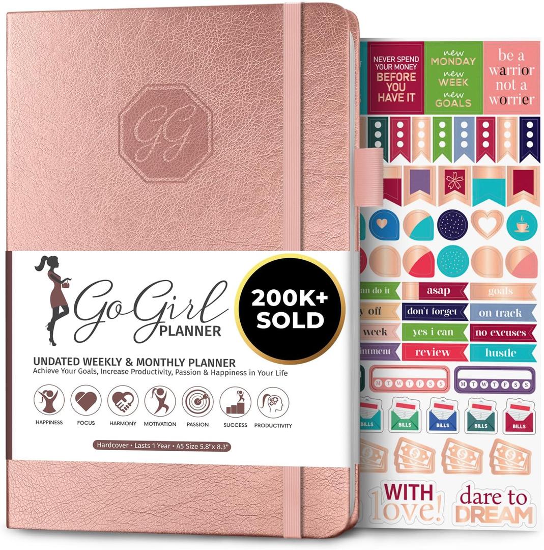 GoGirl Planner and Organizer for Women – A5 Size Weekly Planner, Goals Journal & Agenda to Improve Time Management, Productivity & Live Happier. Undated – Start Anytime, Lasts 1 Year – Rose Gold