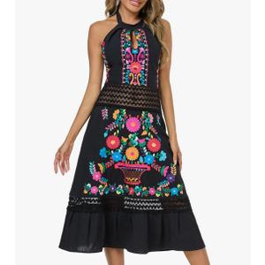 Mexican Dress Embroidered Casual Halter Off Shoulder Maxi Cocktail Dresses Sexy Dress for Women Date Night
Size L