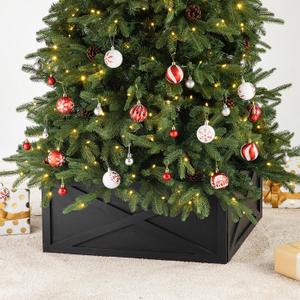 Glitzhome 26" L Washed Black Wooden Tree Collar Tree Base Cover Christmas Tree Skirt Tree Box Farmhouse Rustic Decor