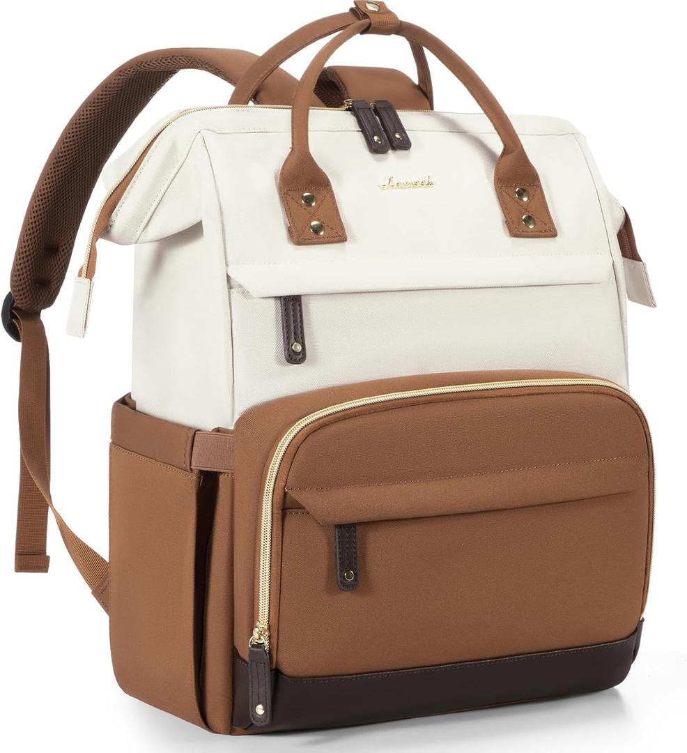 LOVEVOOK Laptop Backpack for Women, 15.6 Inch Work Business Backpacks Purse With Large Capacity, Waterproof Nurse Bag College Bookbag for School, Waterproof Casual Daypack for Travel (Beige-brown)