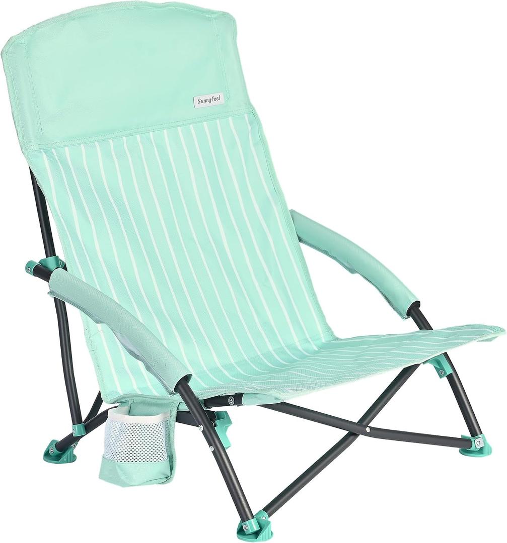 SUNNYFEEL Folding Low Camping Beach Chair 2 Pack, Portable Backpacking Chairs with Cup Holder,Carry Bag Compact & Heavy Duty for Adults 300 LBS for Outdoor Picnic Fishing Sand Lawn, 22.44 inches x 22.05 inches x 27.76 inches