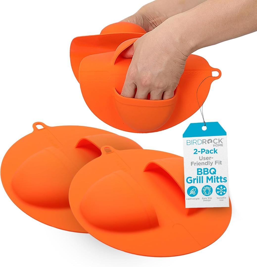 BIRDROCK HOME BBQ Grill Mitts - Heat Resistant Silicone Grill Gloves for Outdoor Cooking, Smoking, Barbecue, and Food Handling | Heavy Duty Heat Proof Mitts for High Temp Grilling - Orange, Pack of 2