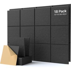 18 Pack Soundproof Wall Panels Self-Adhesive, Square Sound Proof Foam Panels for Wall, High Density Acoustic Panels, Acoustic Foam Panels for Home Office, Reccording Studio 12" X 12" X 0.4" Black
