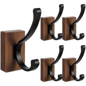 Afcabakila 4 PCS Black Walnut Wood Wall Hooks Adhesive Mounted & Wall Mounted Rustic Decorative Entryway Hooks, Wood Aluminum Walls Hook, Heavy Duty Double Hook Design for Coat, Towel, Hat, Bag, Purse