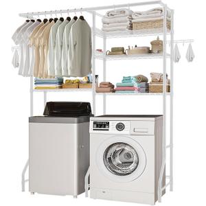 VEVOR Over The Washer and Dryer Storage Shelf, 6 Tier Laundry Room Drying Rack with Hanger Rod and Hooks, Adjustable Over Washer and Dryer Shelves, Laundry Room Shelf Storage Space Saver, White