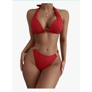 SweatyRocks Women's Ring Linked Halter Push Up Bikini Swimsuit High Stretch Bathing Suit Swimwear Set Swimming Suit Two Piece, Size -L