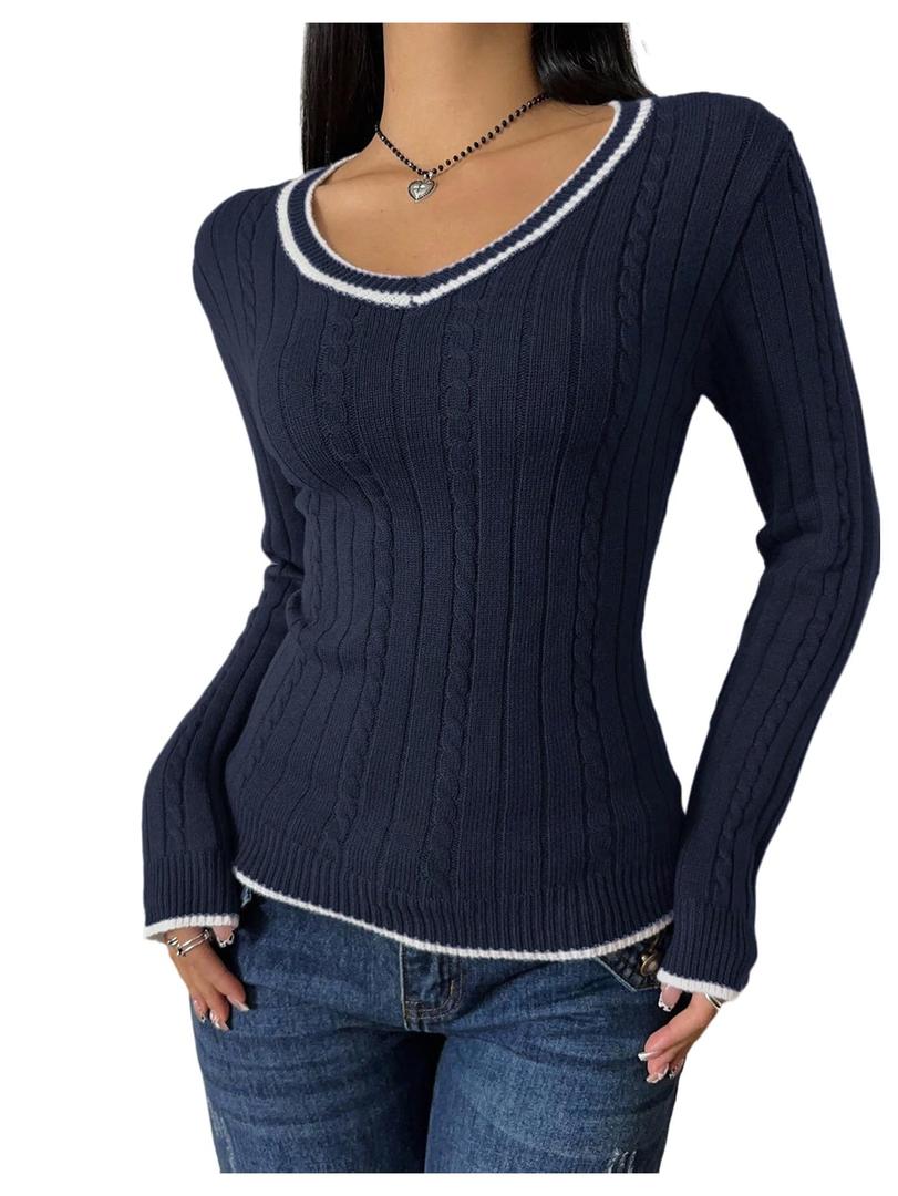 Milumia Women's Cable Knit V Neck Long Sleeve Sweater Casual Fitted Going Out Pullover Tee Tops Streetwear Dark Blue Large (Black, L)