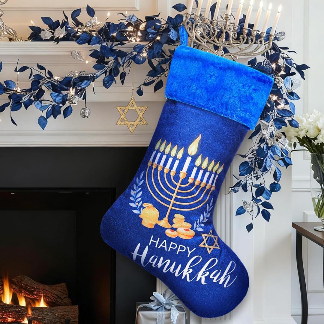 Realspring Happy Hanukkah Christmas Stocking Menorah Star of David 18 Inches Faux Fur Blue Velvet Stockings Fireplace Hanging Ornament for Chanukah Party Supplies Holiday Party Xmas Tree Decorations