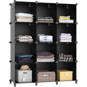 Closet Organizers and Storage, 12 Cube Storage Organizer, Portable Closet Organization Clothes Shelves for Kids, Closet, Bedroom, Bathroom, Office, Black