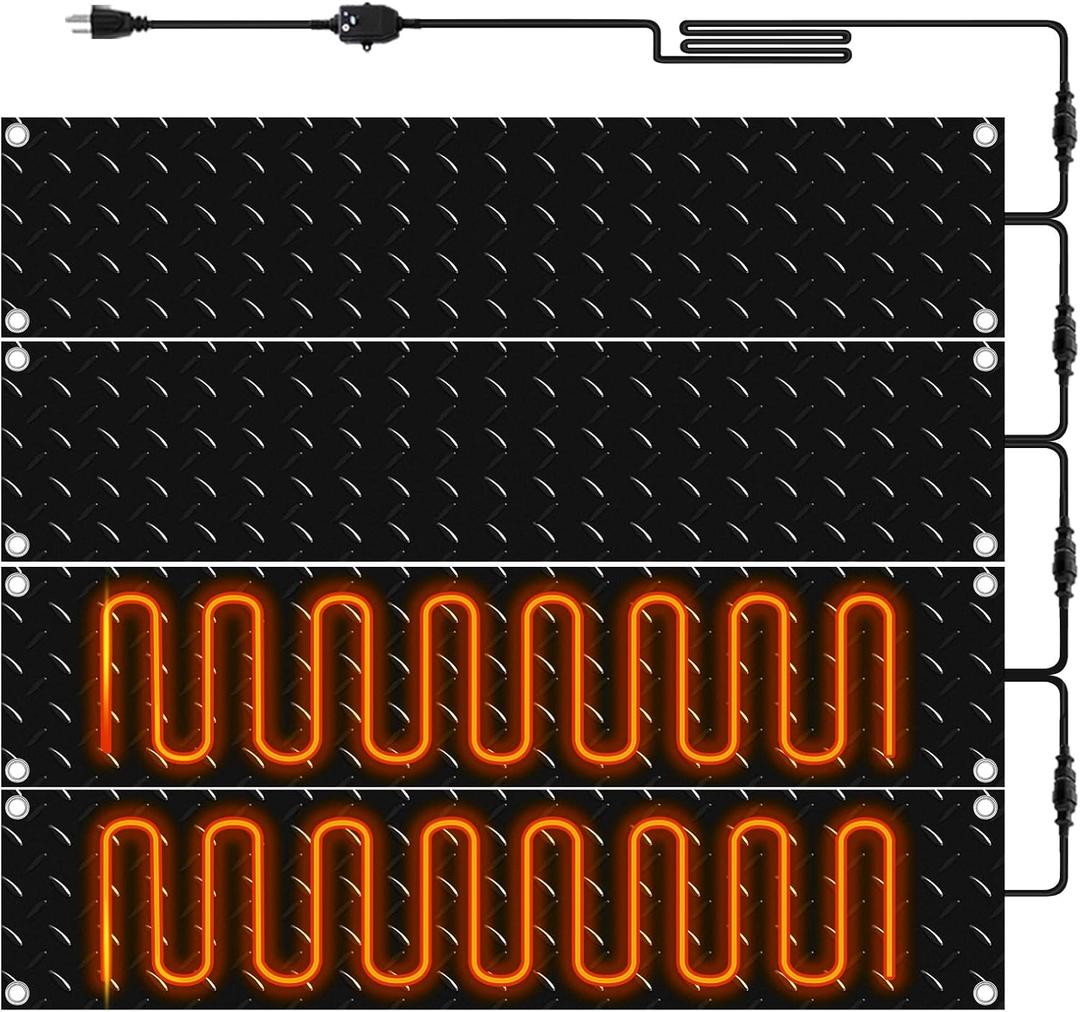 Riakrum 4 Pcs Heated Snow Melting Mats Outdoor, 10 x 30 in Winter Anti-Slip Heated Rubber Mat for Walkways Decks and Sidewalks, Electric Snow and Ice Melting Pads Connection with 9.84 ft Power Cord