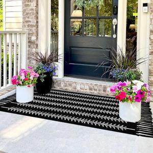 Front Porch Rug 23.6" x 51.2" Black and White Boho Herringbone Pattern Outdoor Rug Door Mat Cotton Hand Woven Rug for Front Porch Decor Washable Welcome Layered Doormat for Entryway Kitchen
