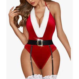 RSLOVE Christmas Costumes for Women Sexy Red Teddy Bodysuit One Piece Santa Babydoll With Belt, M