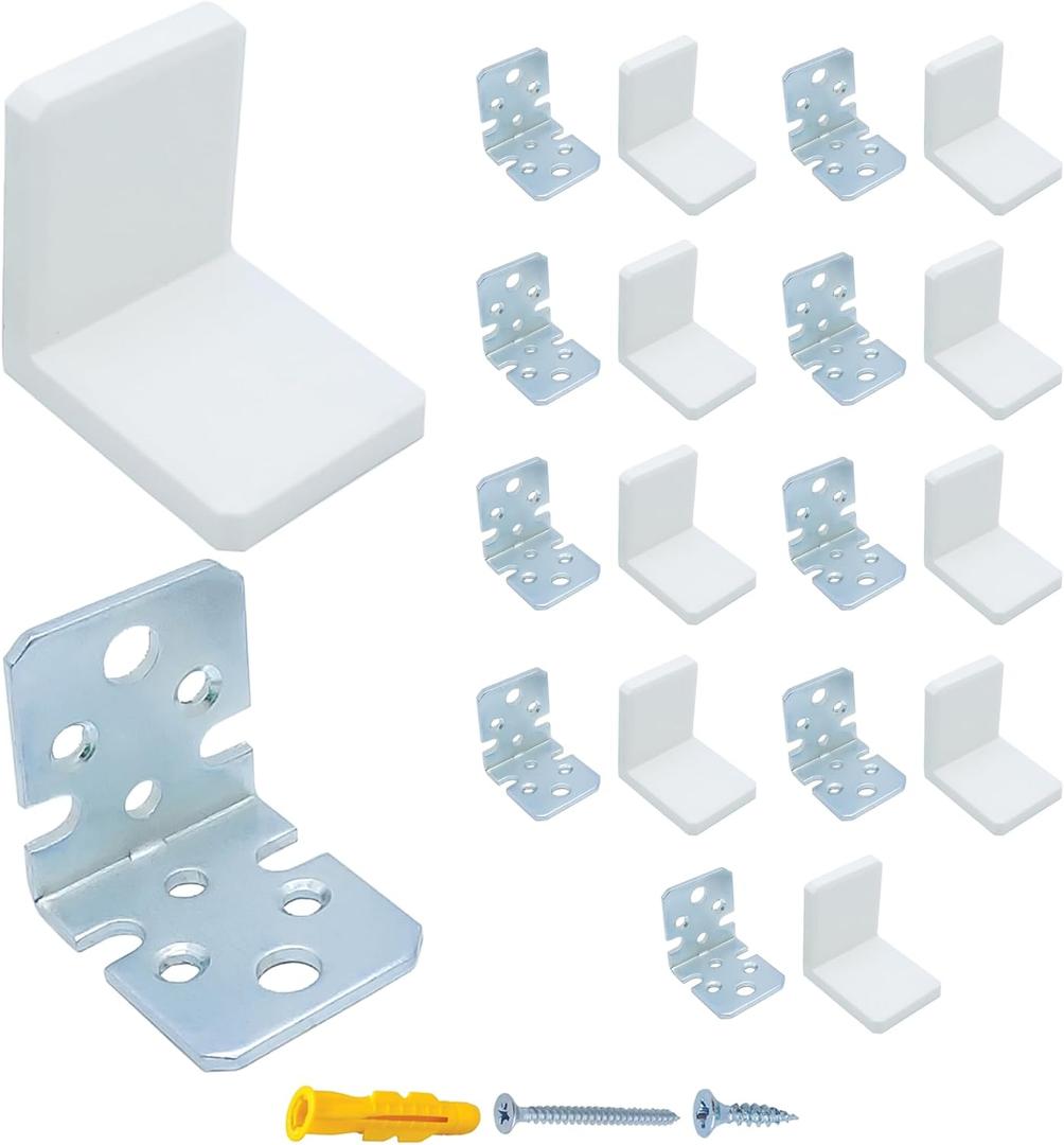 MR BRACKET L Bracket, White Shelf Brackets Pack of 10, Heavy Duty Cabinet Hanging Brackets, Plastic Cover Metal Brackets for Shelves, Stainless Steel Corner Brace, Furniture Anchors for Baby Proofing