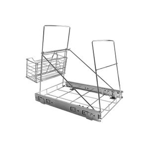 Pull-Out Cabinet Trash Can Holder, Heavy-Duty Steel Sliding Rack with Storage Basket, Trash Can Holder Under Cabinet Slider, Fits 7-11 Gallon Bins, Up to 100 lb