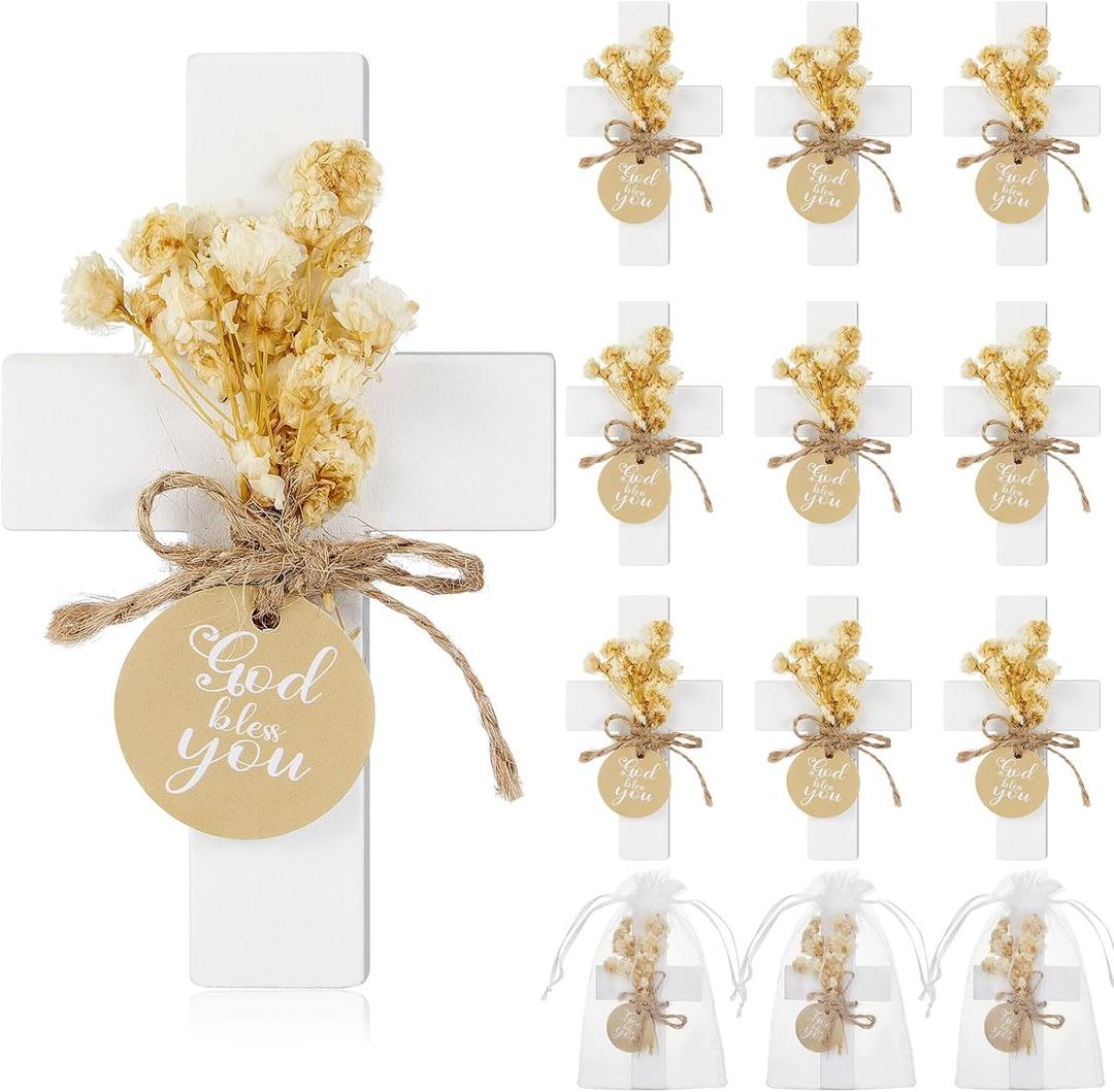 Flutesan 12 Sets Baptism Favors for Guests First Communion Wooden Cross Magnets with Flower and Bag for Baptism Party Decoration, Gathering, Baby Shower, Christen Souvenirs Gift (White) (Classic)