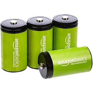 Amazon Basics Rechargeable D Cell Batteries, 4-Pack, NiMH, 10000 mAh, Recharge up to 1000x Times, Pre-Charged