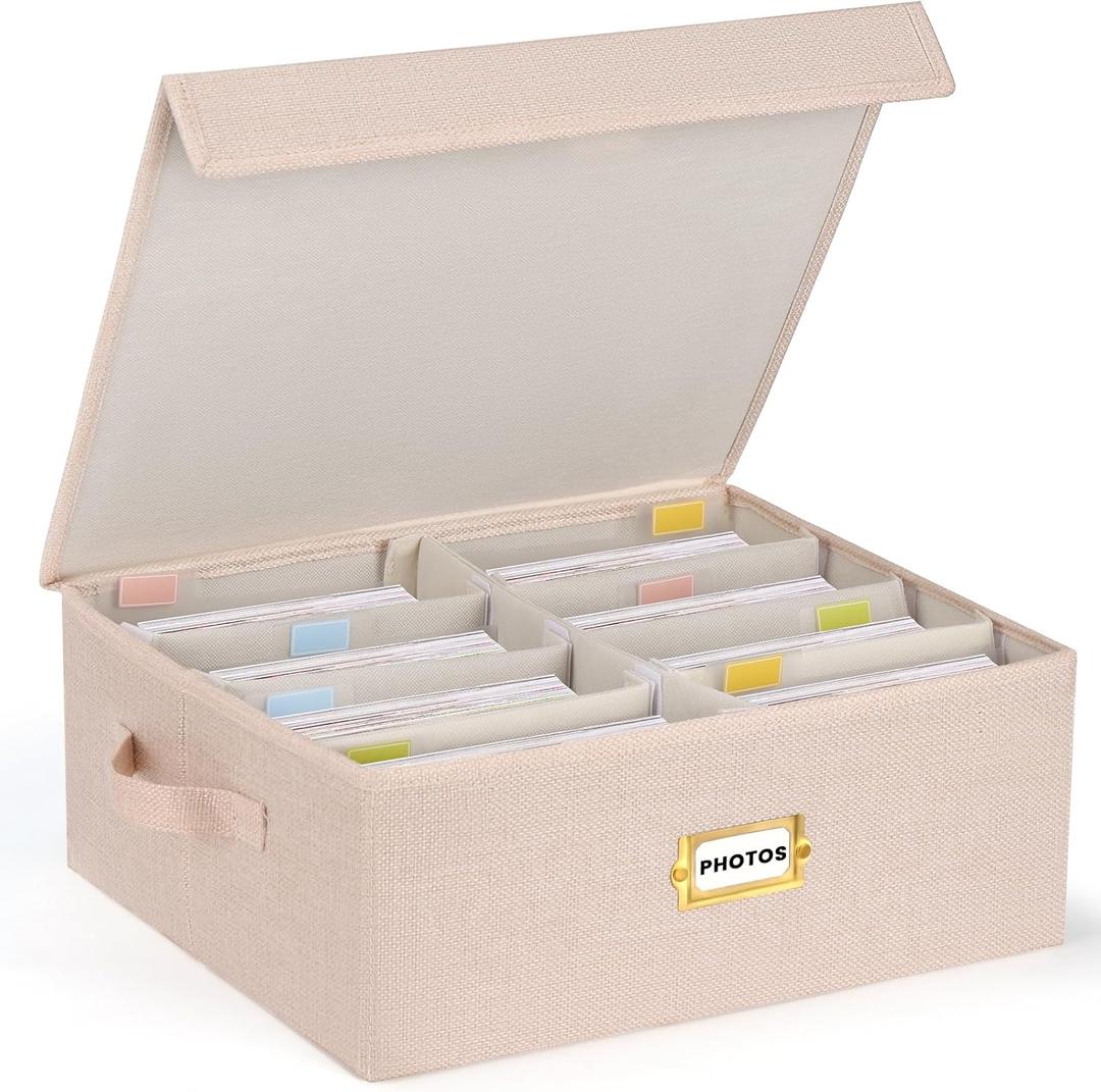 Decorative Photo Storage Box with lid 4x6, 8 Inner Photo Organizer with Dividers, Memory Storage Box for Pictures, Stamps, Keepsakes (Beige)