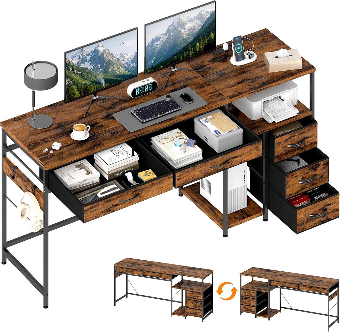 YOSHOOT 60" Computer Desk with 5 Drawers and Power Outlets, Rustic Brown, 18.9"D x 60"W x 30.7"H