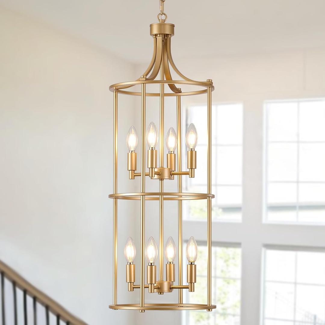 Foyer Chandeliers for High Ceilings, Lantern Tiered Gold Chandelier Light Fixture Metal Modern Farmhouse Pendant Lights for Kitchen Island Entryway Staircase Living Room Dinning Room (Gold)