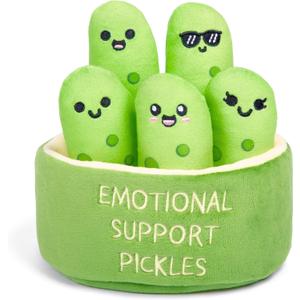 Emotional Support Pickles by Relatable, Cuddly Stuffed Animals and Toys, Squishy Toys and Plushies, Perfect Funny Pickle Gifts for Loved Ones of All Ages, Includes 5 Plushies with Carrying Basket, 5 inches width, 6 inches length, 5 inches height