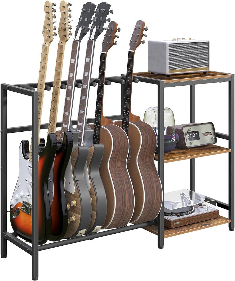Guitar Stand, Guitar Holder for 6 String Instruments, Suitable for Acoustic Guitar, Bass, Guitar Rack with Side Shelves for Record Player, with Non-Slip Rubber Pads, Rustic Brown GSHR9701V1 (5-6 Guitars, Rustic Brown and Black)