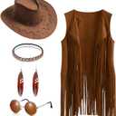 SUOLA 60s 70s Western Cowgirl Outfits Set Hippie Costume Fringe Vest with Hat Sunglasses Earring Headband for Women Halloween (Brown, L)