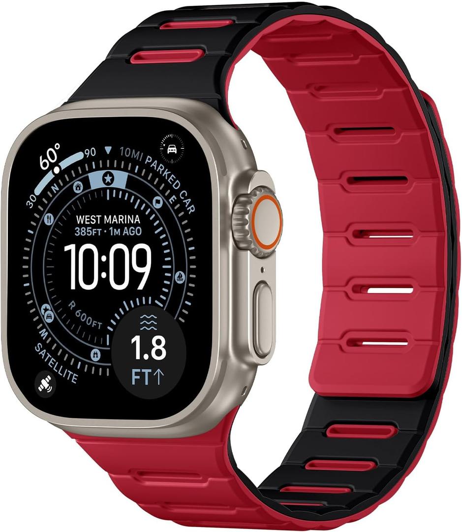 Bandletic Reversible Magnetic Straps Compatible with Apple Watch Bands 49mm/46mm/45mm/44mm/42mm(3/2/1) Men, Silicone Comfortable Strong Magnet for iWatch Series 11 10 Ultra SE3 9 8 7 6 5 4,Black Red